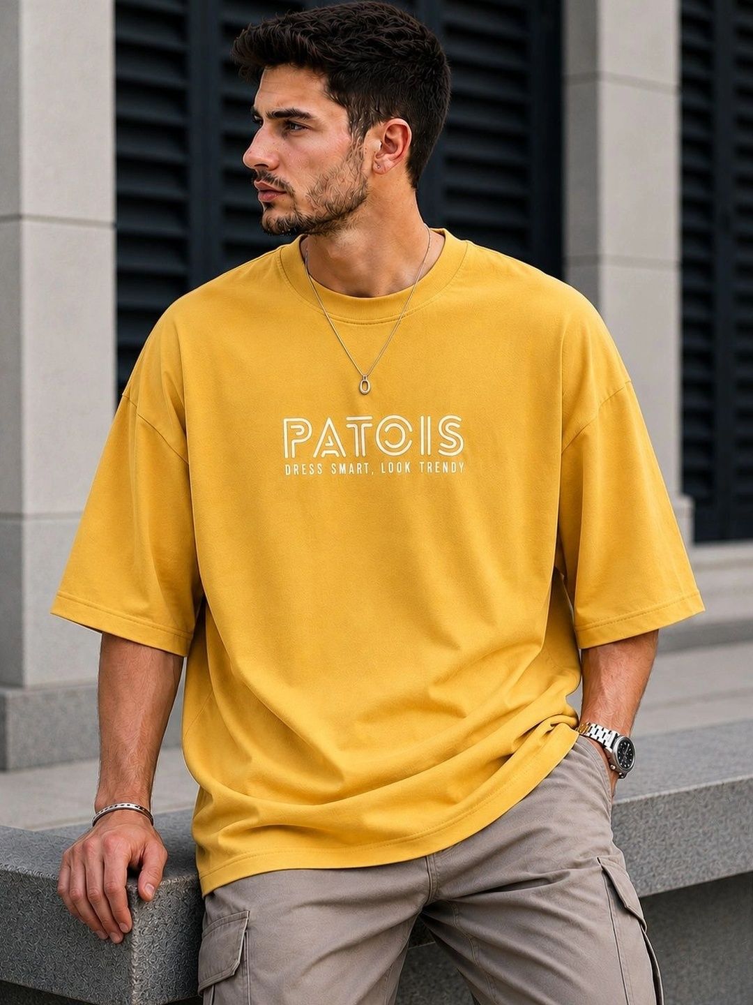PATOIS Men Mustard Yellow Oversized Typography T-shirt