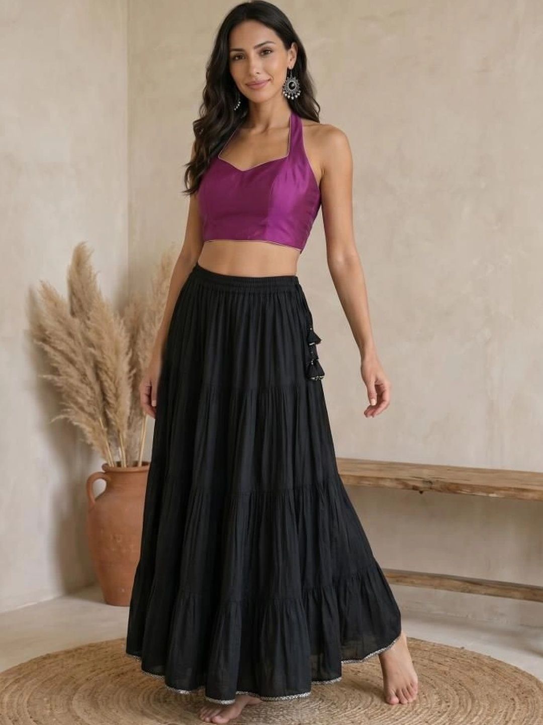Suha Women Pure Cotton Tiered Maxi Flared Skirt
