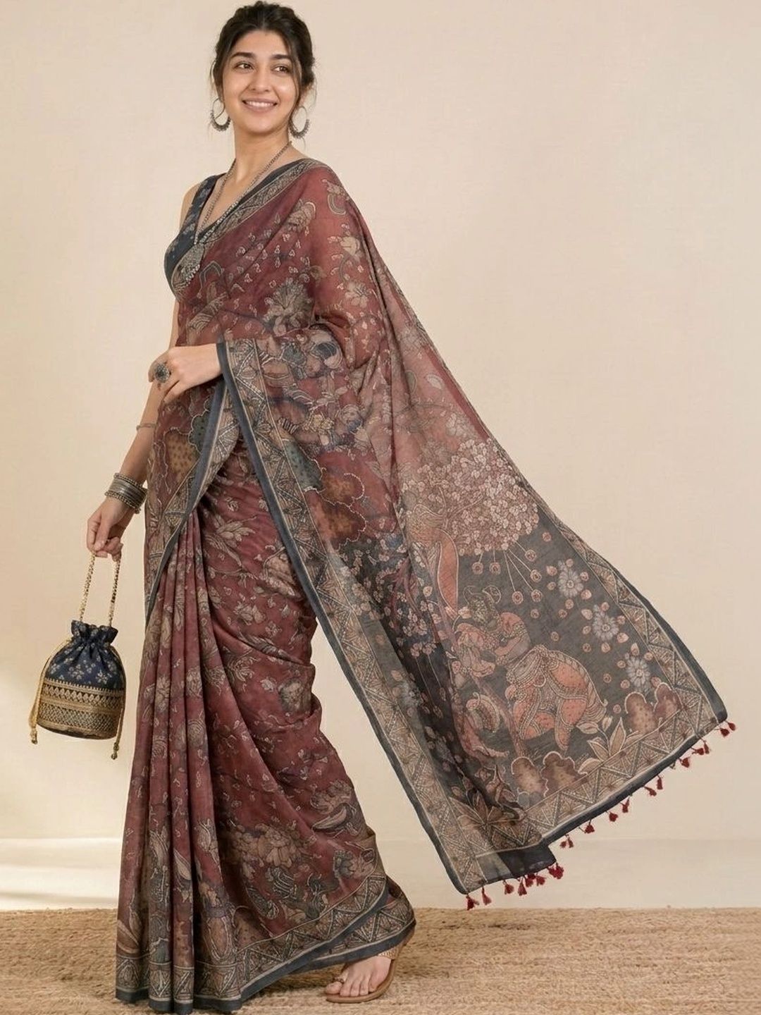 AANVI Kalamkari Silk Blend Fusion Block Print Saree