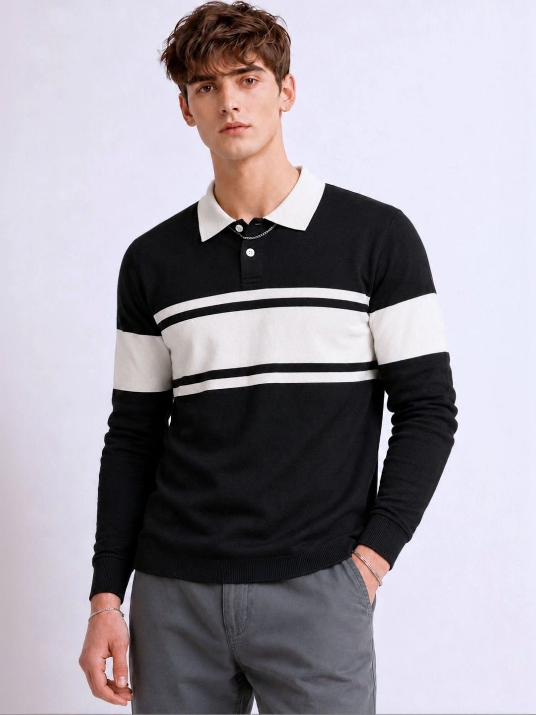 Try This Men Striped Polo Collar T-shirt