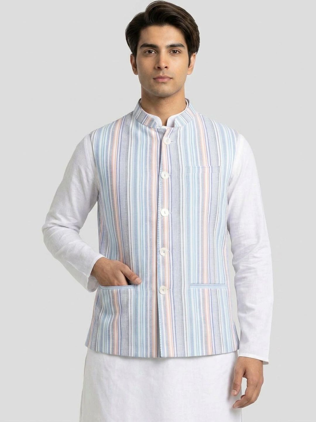 Sanman Ethnix by Raymond Men Striped Open Front Jacket