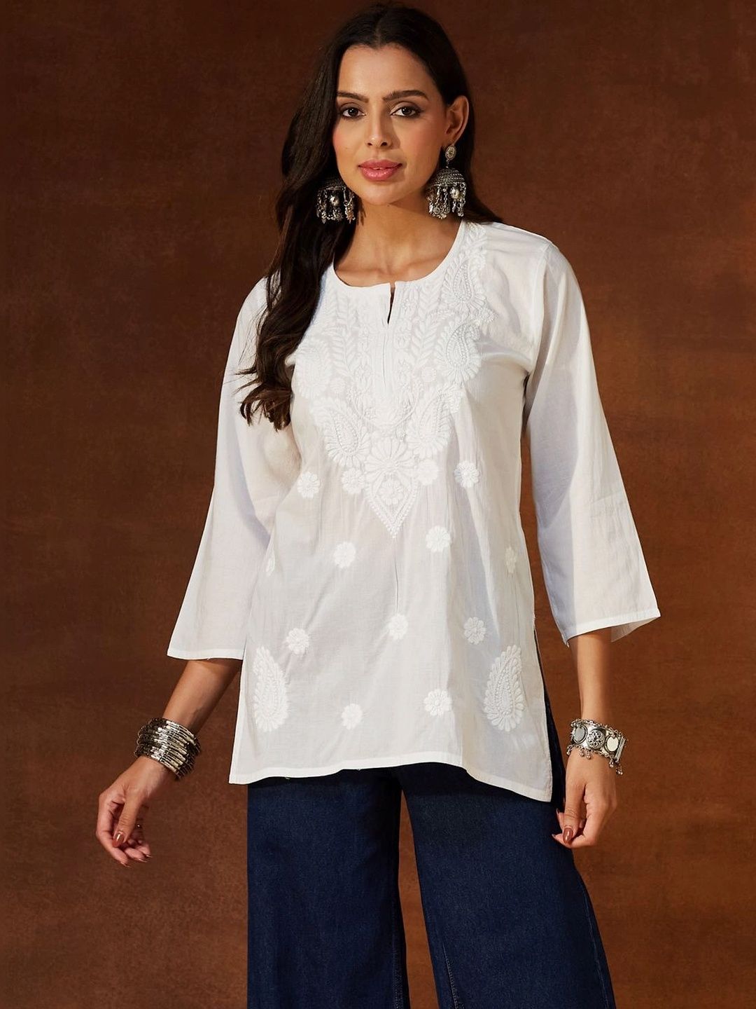AKSHADEEP Floral Embroidered Ethnic Cotton Top