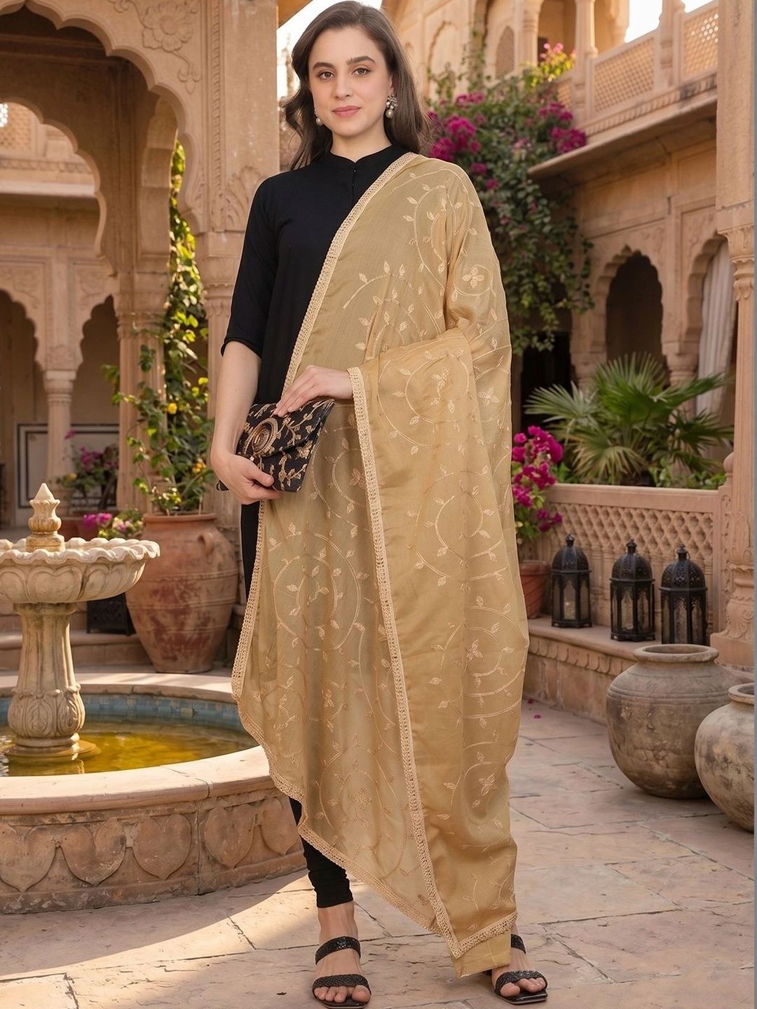 LOOM LEGACY Embroidered Cotton Silk Dupatta with Thread Work