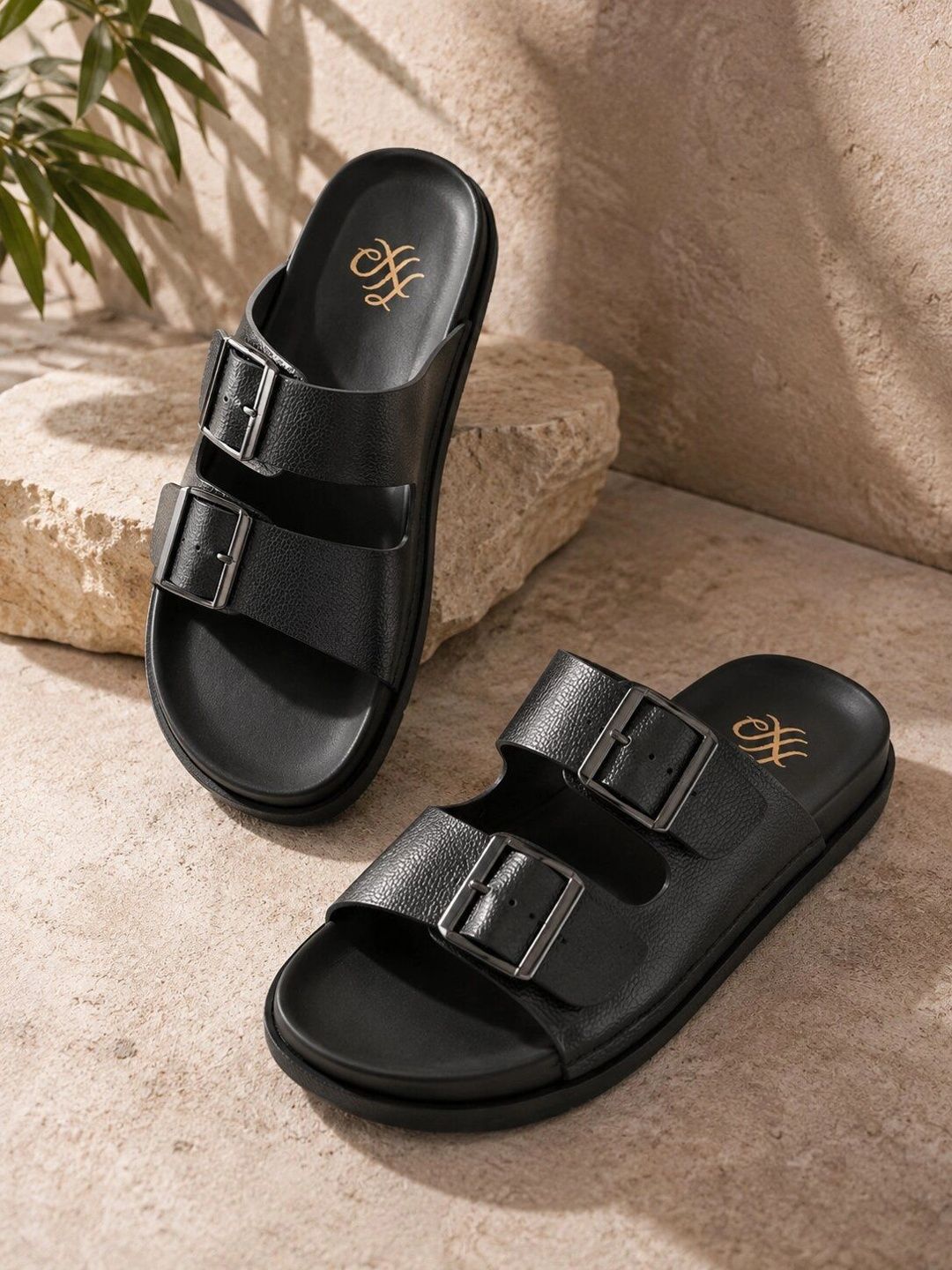 House Of Pataudi Men Black Solid Slip On Lightweight Sandals With Buckle