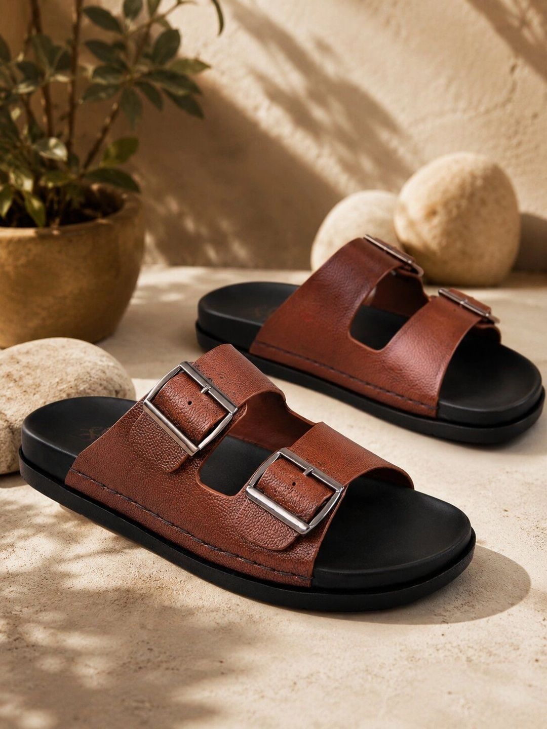 House Of Pataudi Men Tan Solid Slip On Lightweight Sandals With Buckle