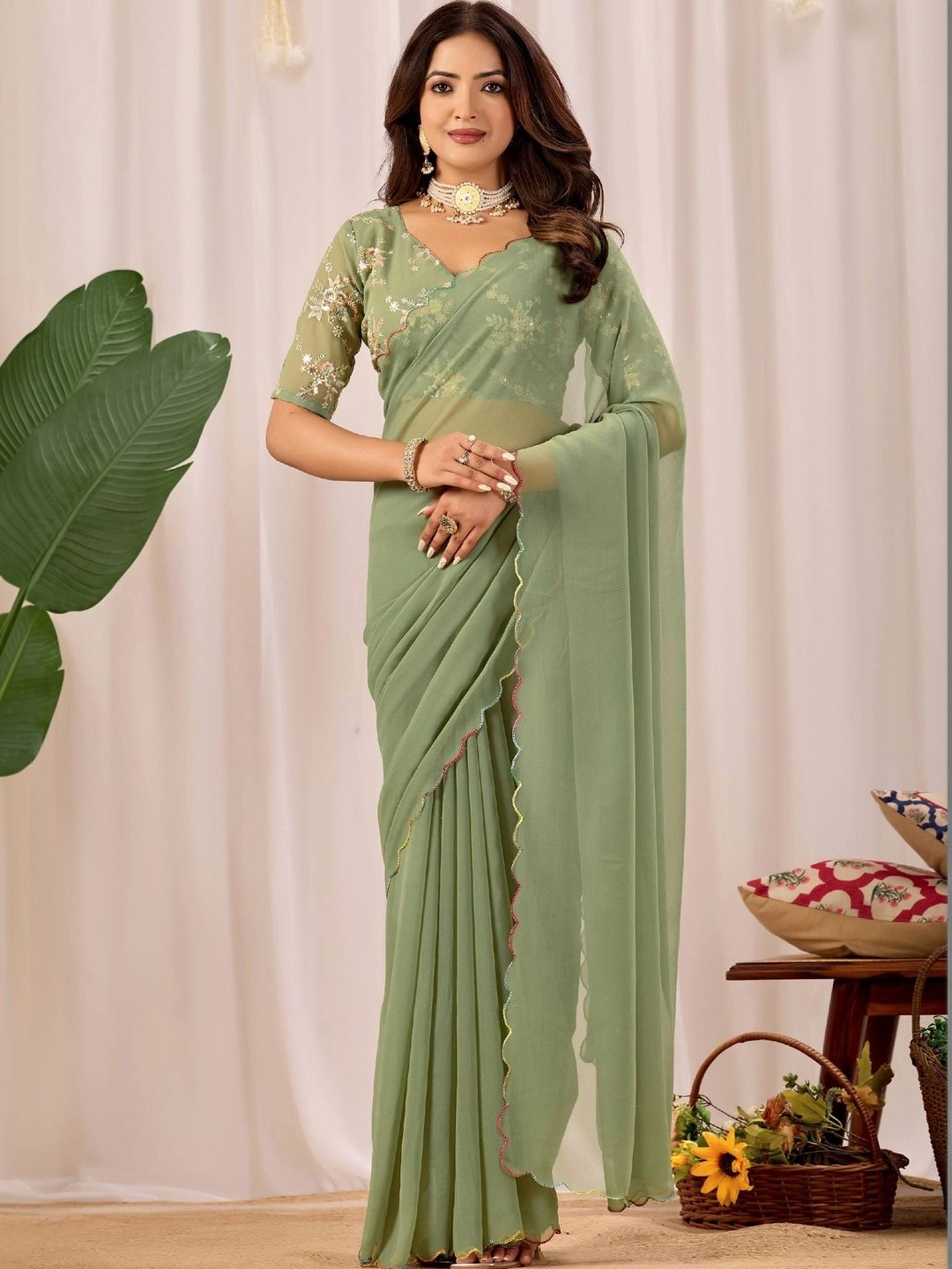 K 5 Fashion Floral Embroidered Pure Georgette Fusion Ikat Saree