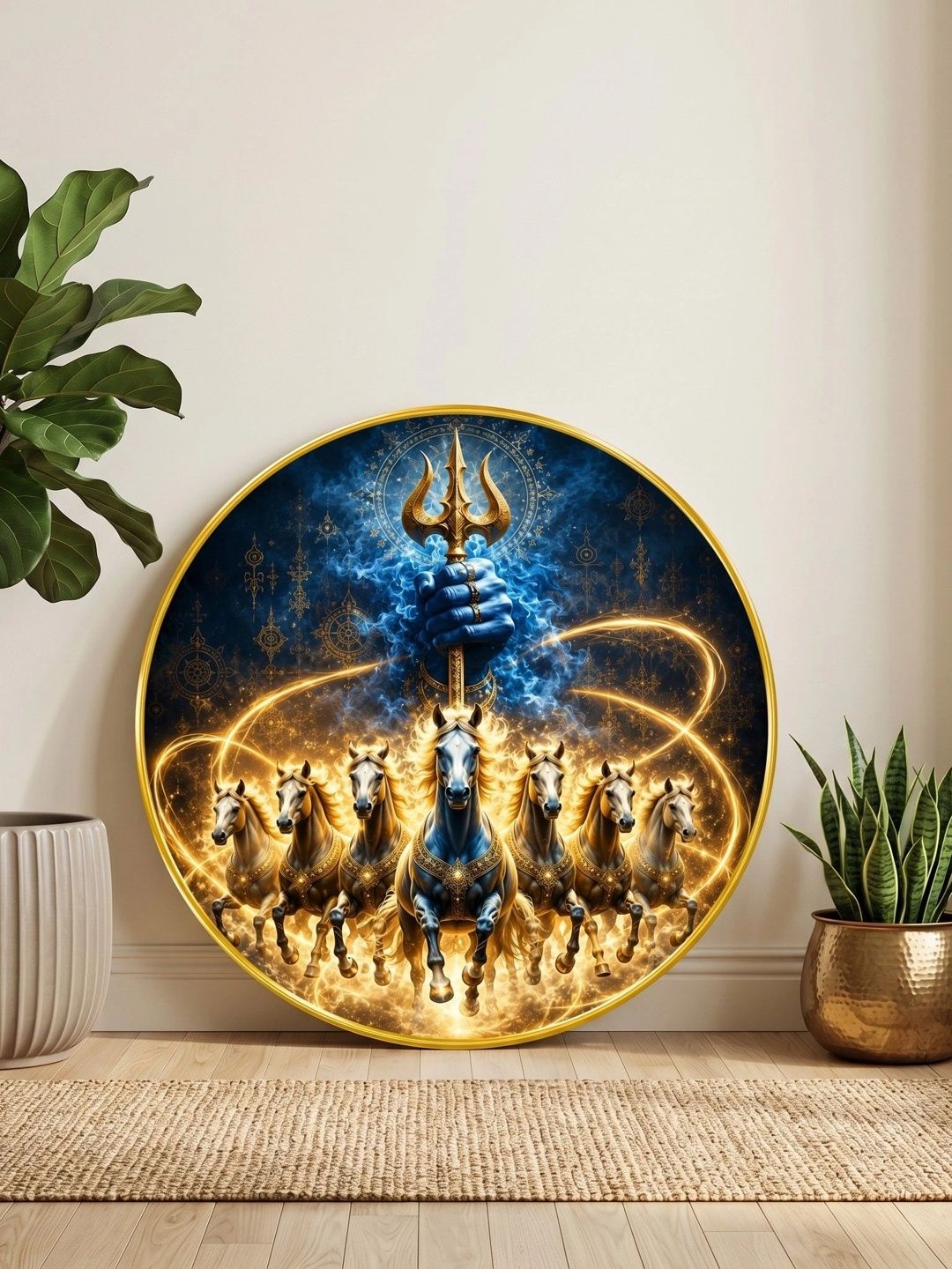 Aura Aura Blue & Yellow Graphic Religious Round MDF Lord Shiva 7 Horse Painting Wall Art