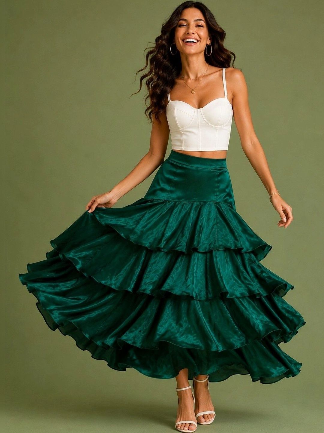Deewa Deewa Women Satin Tiered Maxi Tiered Skirt