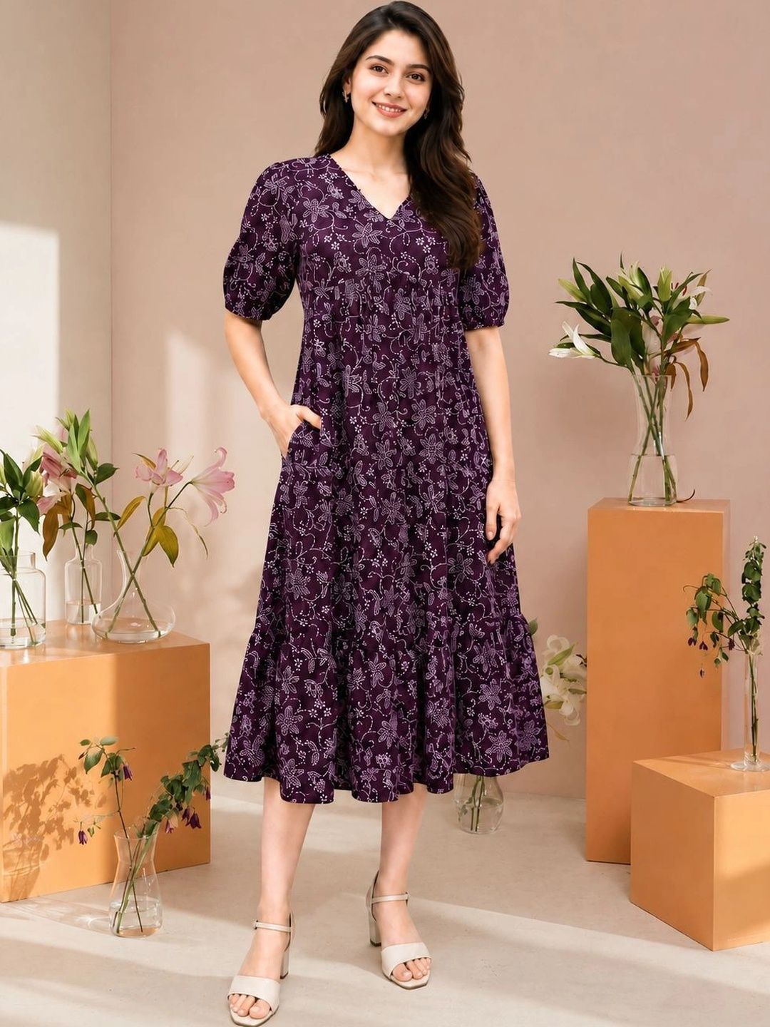 Twelve South Floral Print Puff Sleeve A-Line Midi Dress