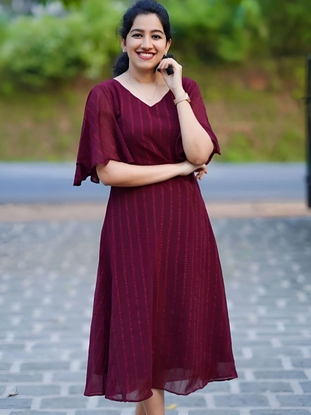 Sangria V-Neck Ethnic Motifs A-Line Midi Dress