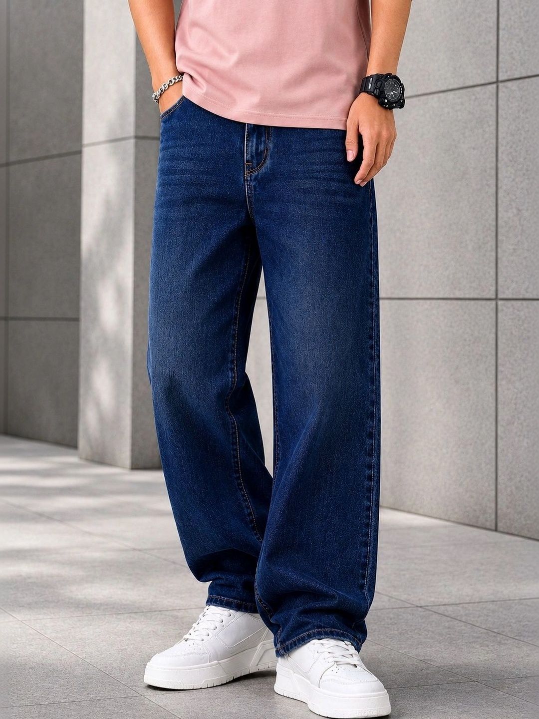 PINKLIT Men Straight Fit Mid-Rise Low Distress Light Fade Jeans