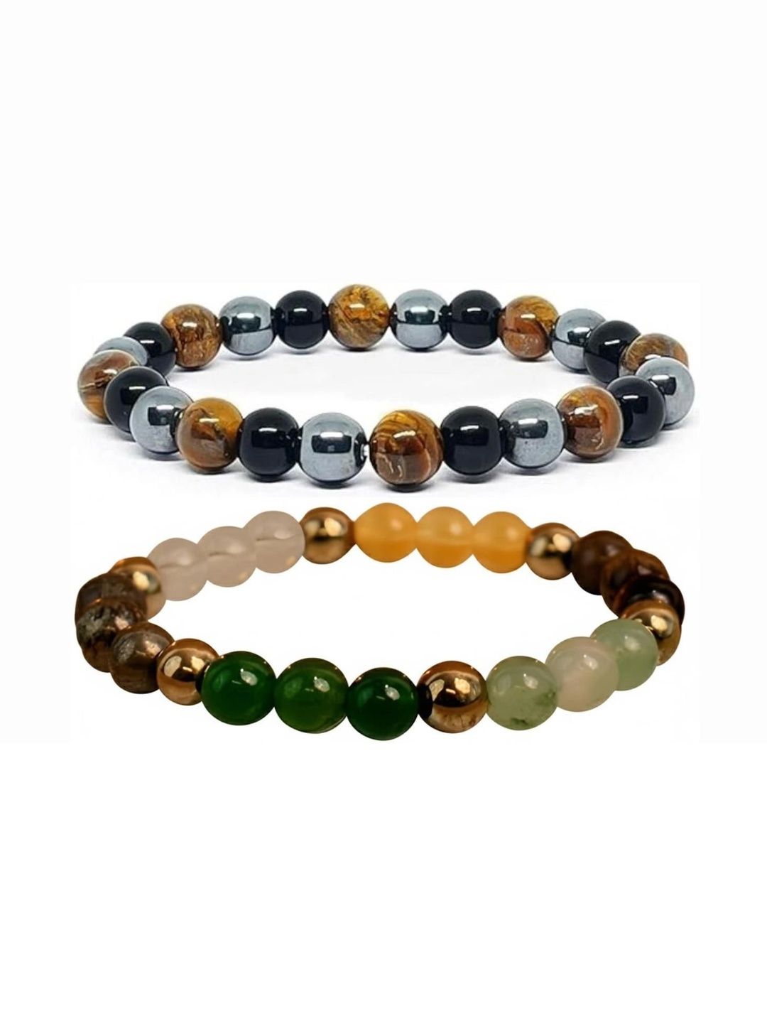 TRUEBUY TRUEBUY Set Of 2 Unisex Ceramic Tigers Eye Studded Elasticated Bracelet