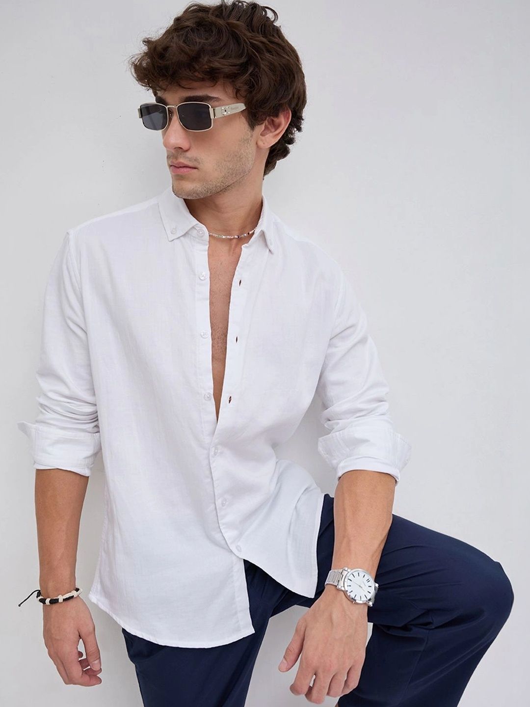 VASTRADO Timeless White Subtle Textured Button-Down Collar Shirt