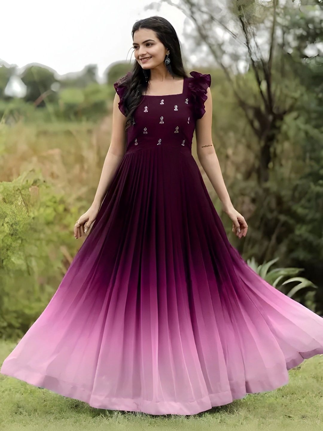 KALINI Embellished Square Neck Fit & Flare Maxi Ethnic Dresses