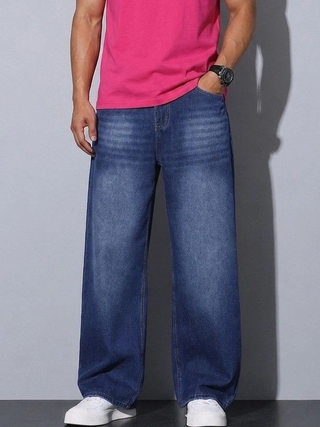 PINKLIT Men Straight Fit Mid-Rise Low Distress Light Fade Jeans