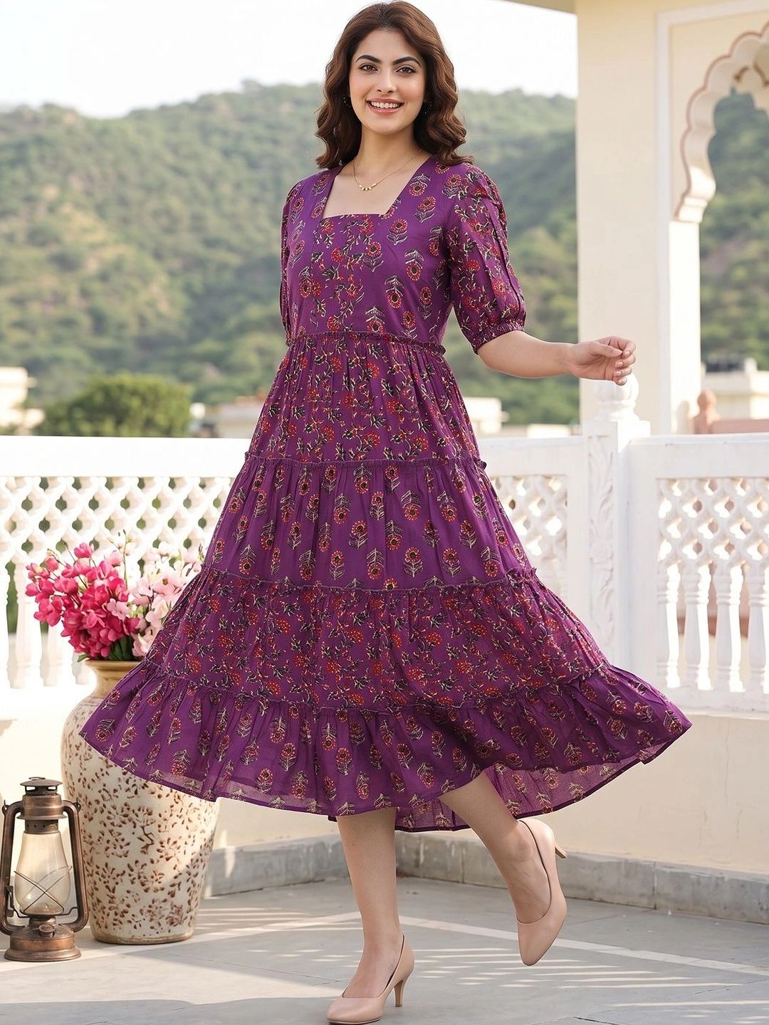 Anouk Floral Print Puff Sleeve A-Line Midi Dress