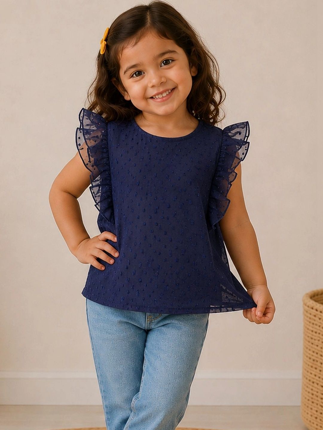 Purple United Kids Girls Dobby Cotton Layered Flutter Sleeves Comfort Fit Navy Blue Top