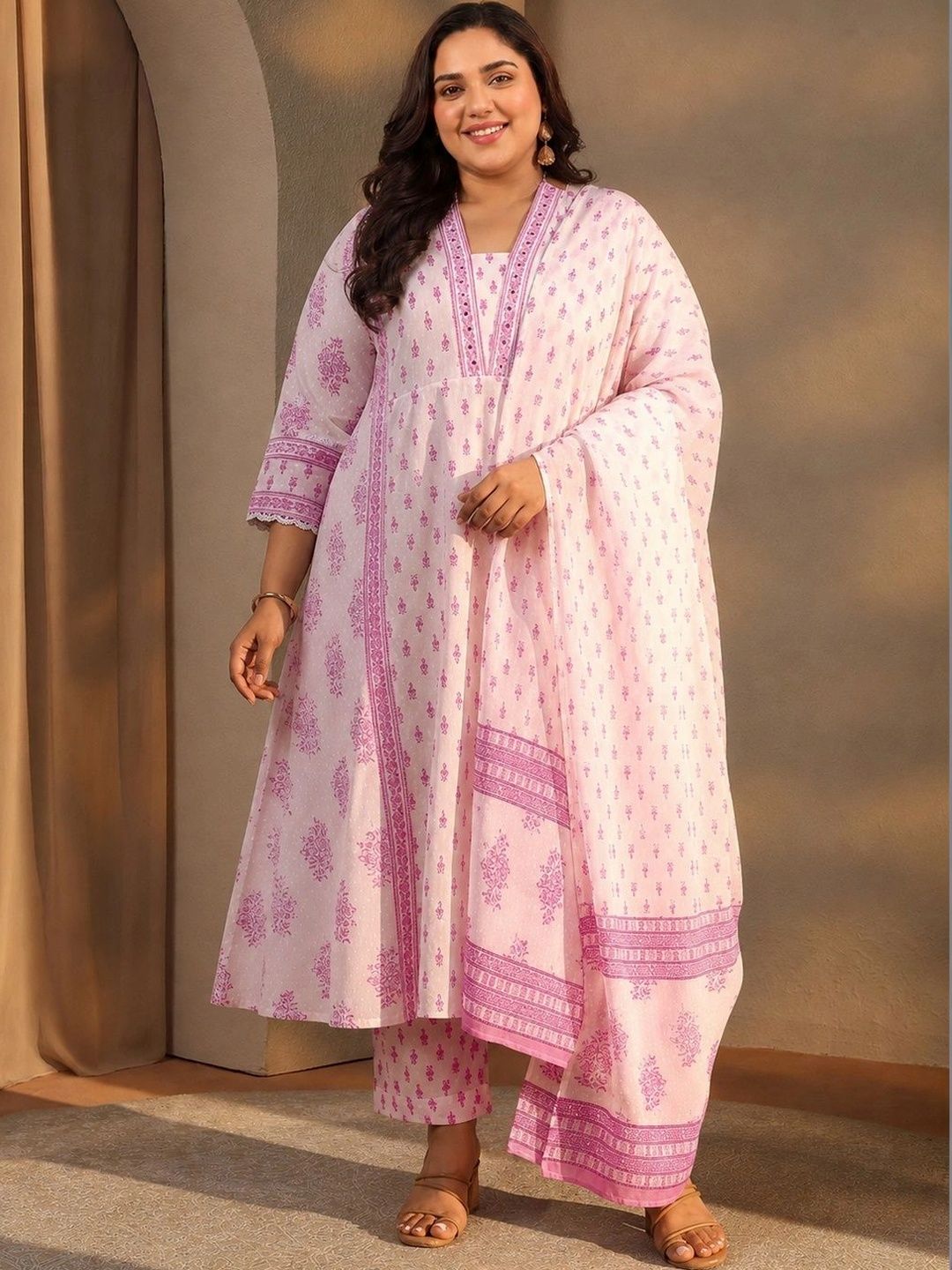 EXTRA LOVE BY LIBAS Plus Size White Floral Printed Cotton A-Line Suit Set With Dupatta