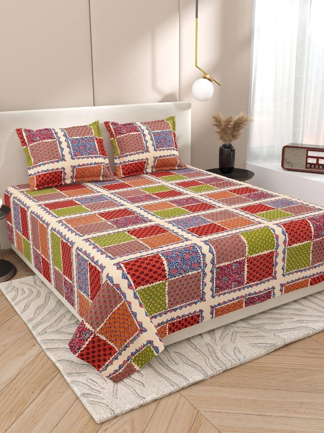 Sangria Sangria Green Checked Cotton Soft Feel 120 TC Double Fine Bedsheets 90 In x 100 In