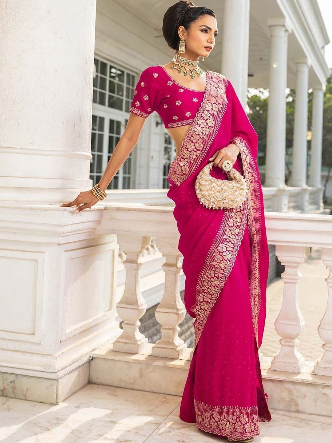 Embellished Silk Blend Saree Libas Pink Embellished Saree With Unstitched Blouse Piece