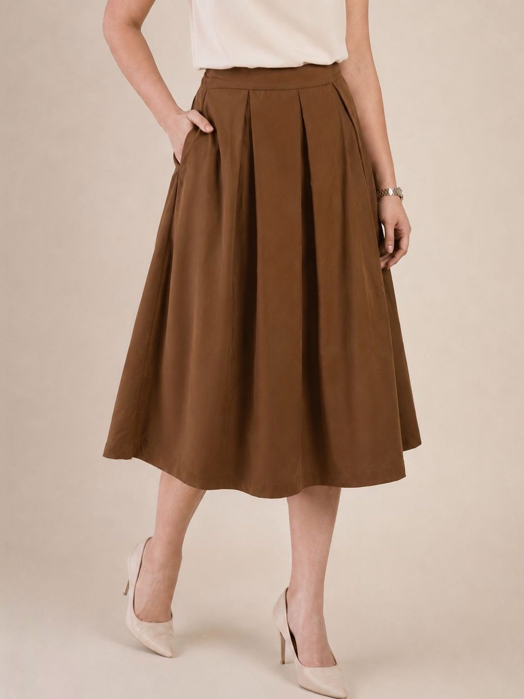 WineRed Women Solid Pleated Midi Skirt