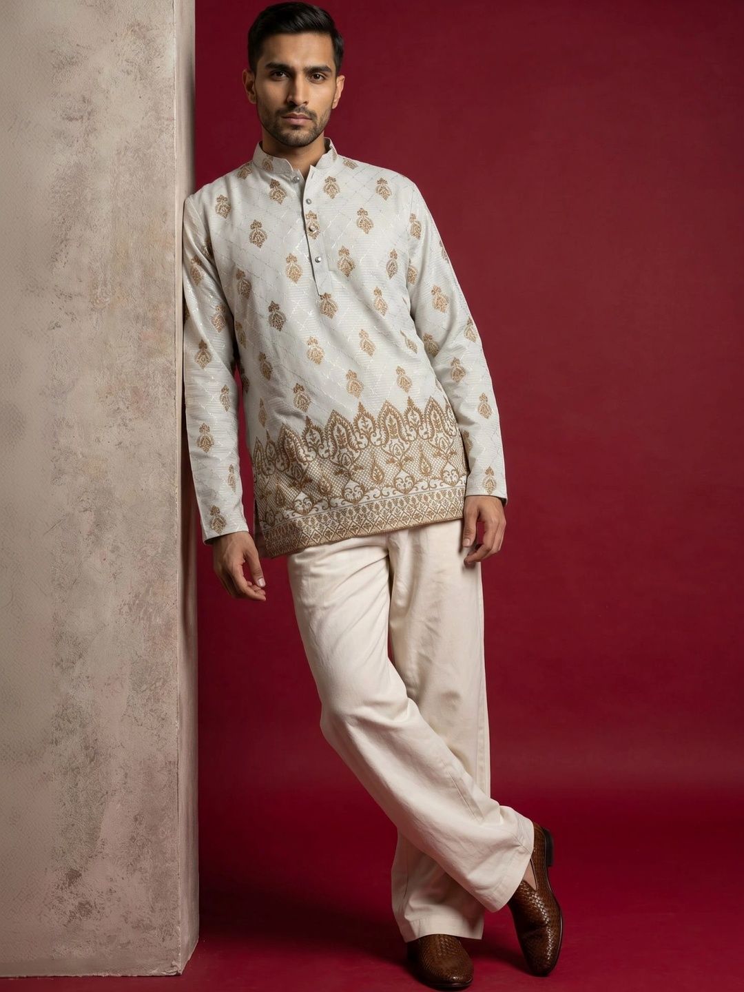 Jompers Jompers Men Printed Thread Work Kurta with Korean Pants