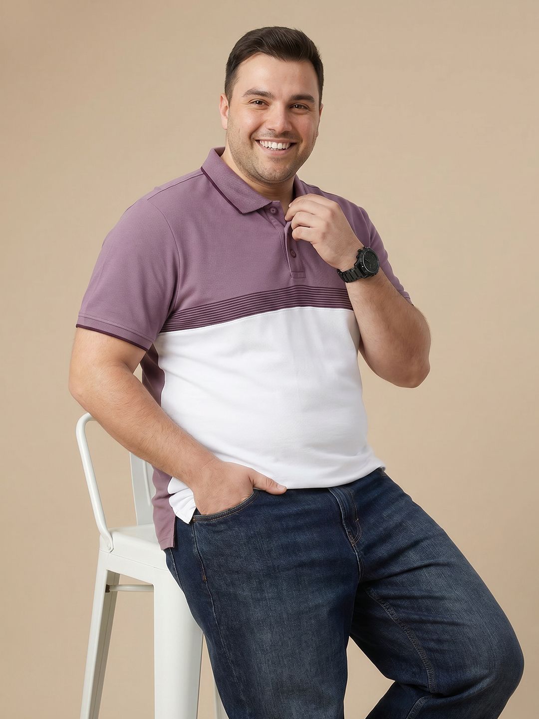 Sztori Plus Size Colourblocked Polo Collar Pure Cotton T-shirt
