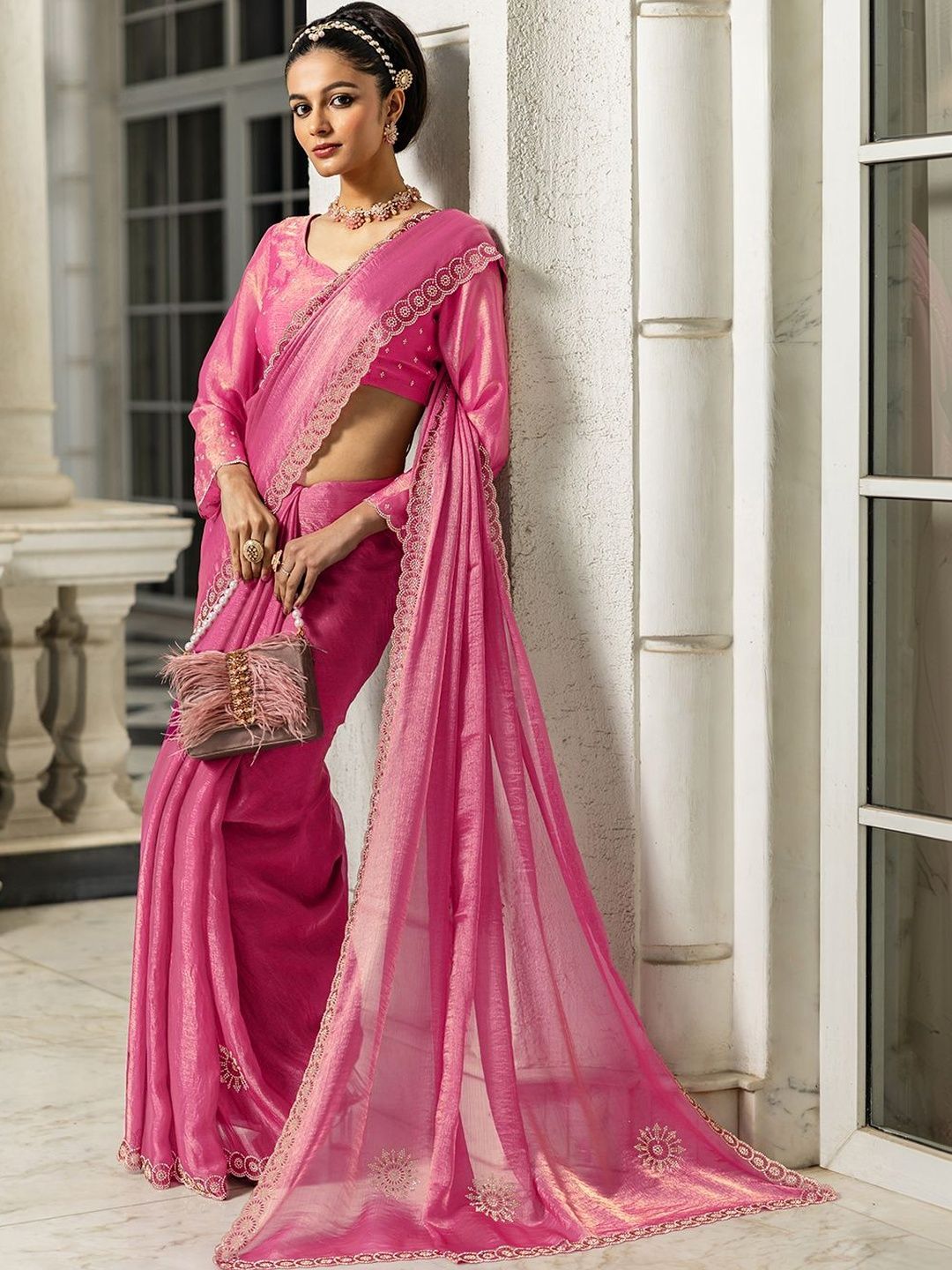 Sequinned Satin Saree Libas Pink Embellishments Jimmy Choo Satin Saree With Unstitched Blouse Piece