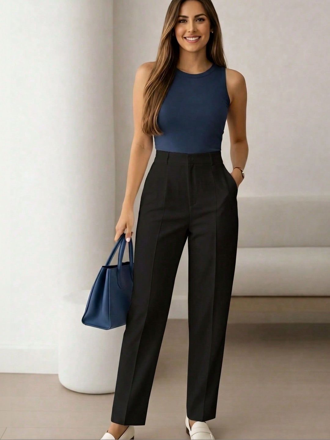 KATECLO Women Straight Fit High-Rise Easy Wash Trousers