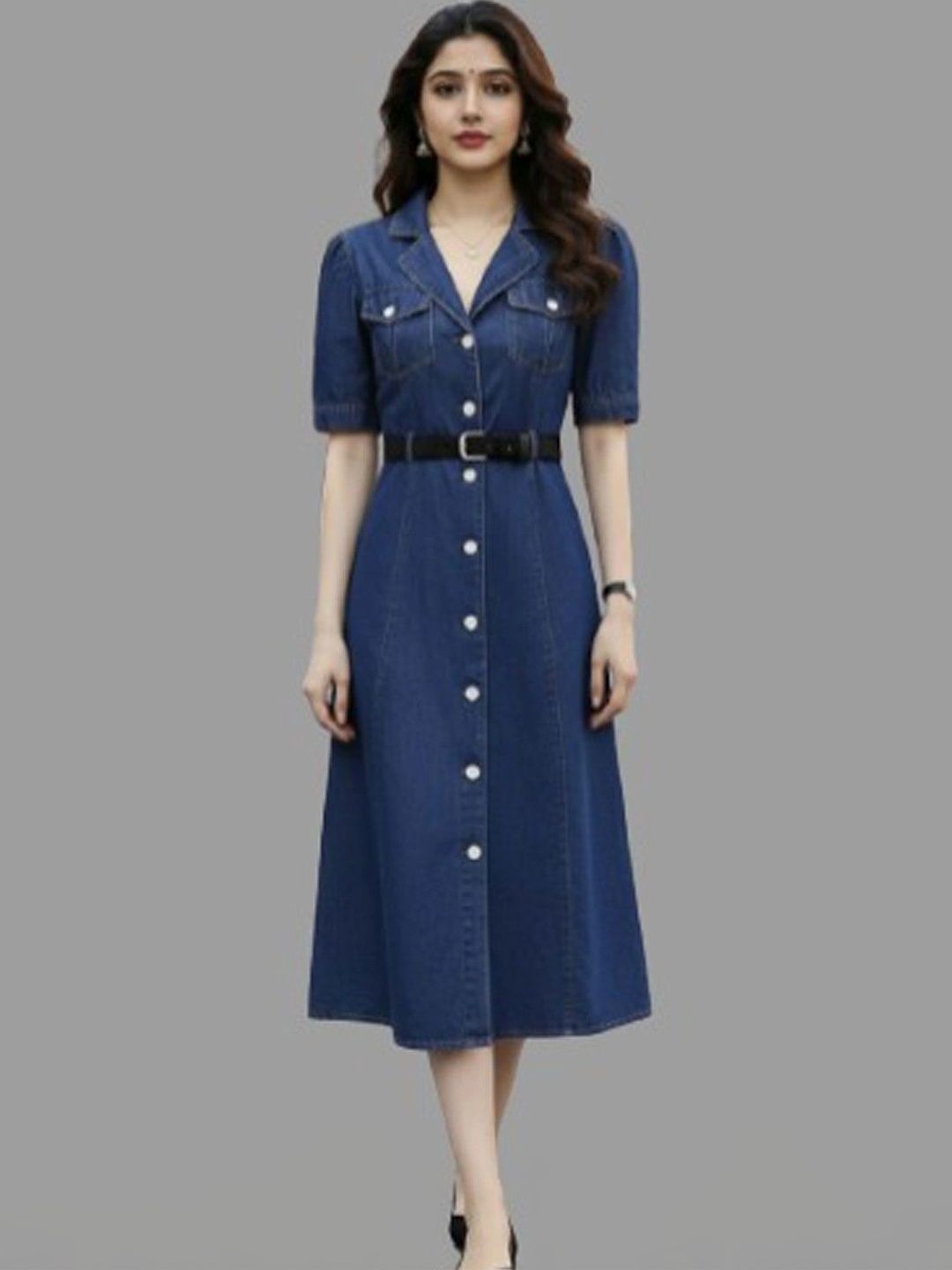 C.Cozami Puff Sleeve A-Line Midi Dress