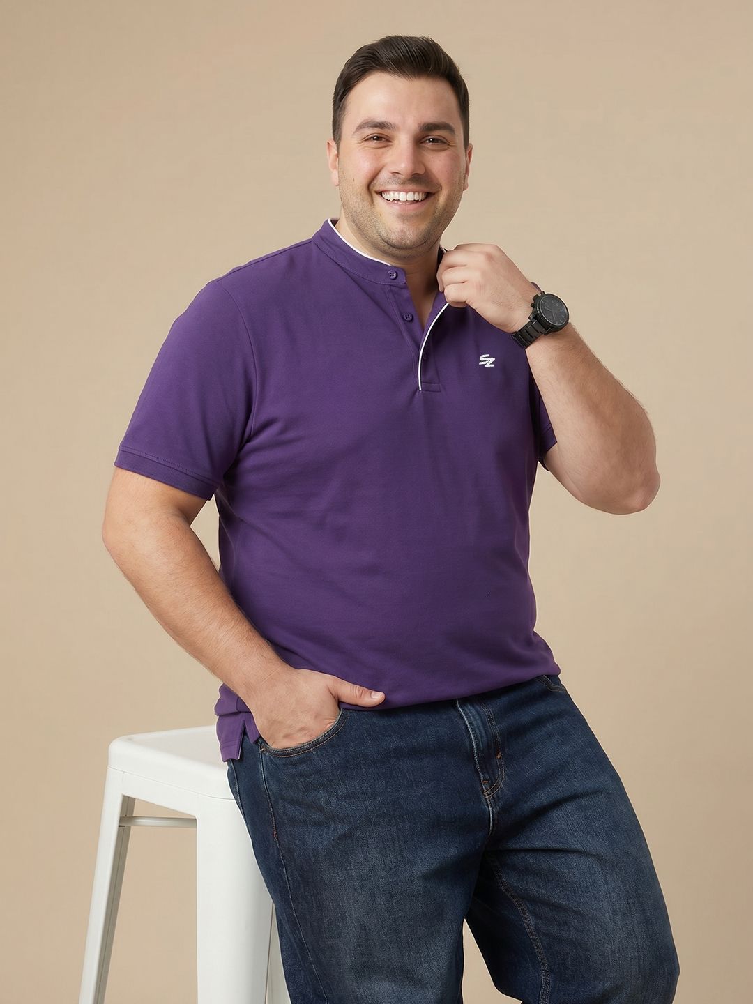 Sztori Plus Size Band Collar Pure Cotton T-shirt