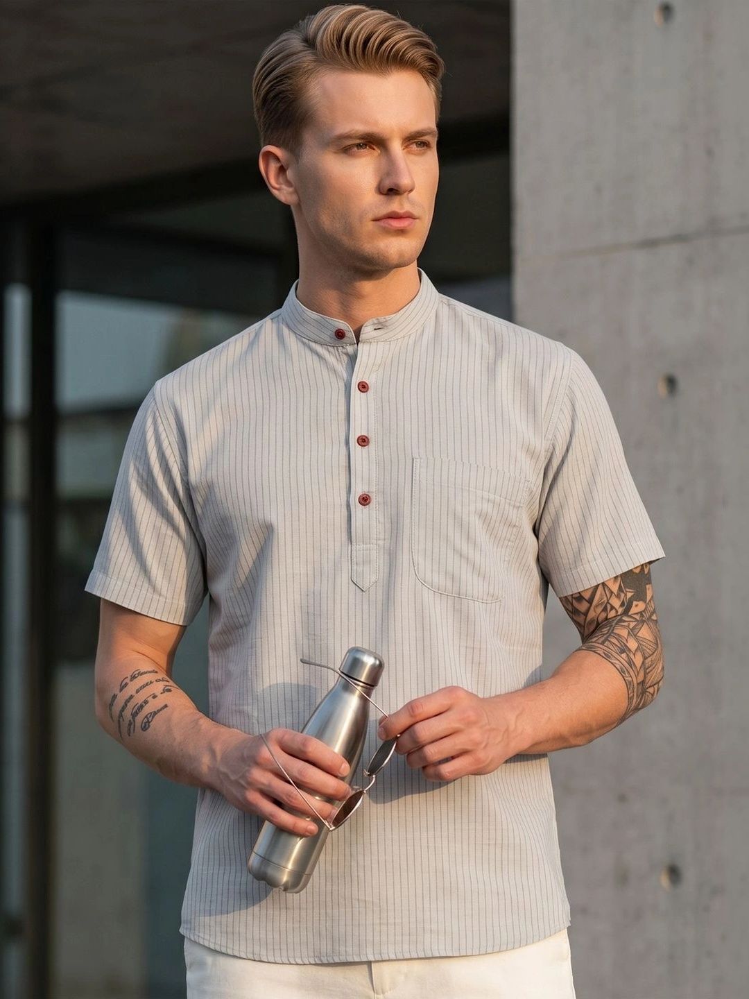 Hancock Men Striped Band Collar Summer Sheers Kurta