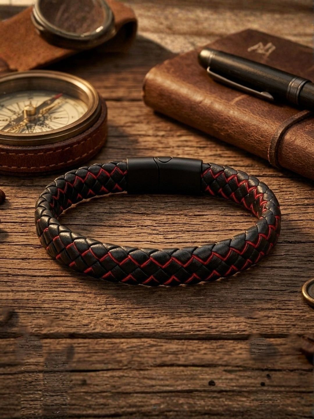 I Jewels Men Leather Link Bracelet