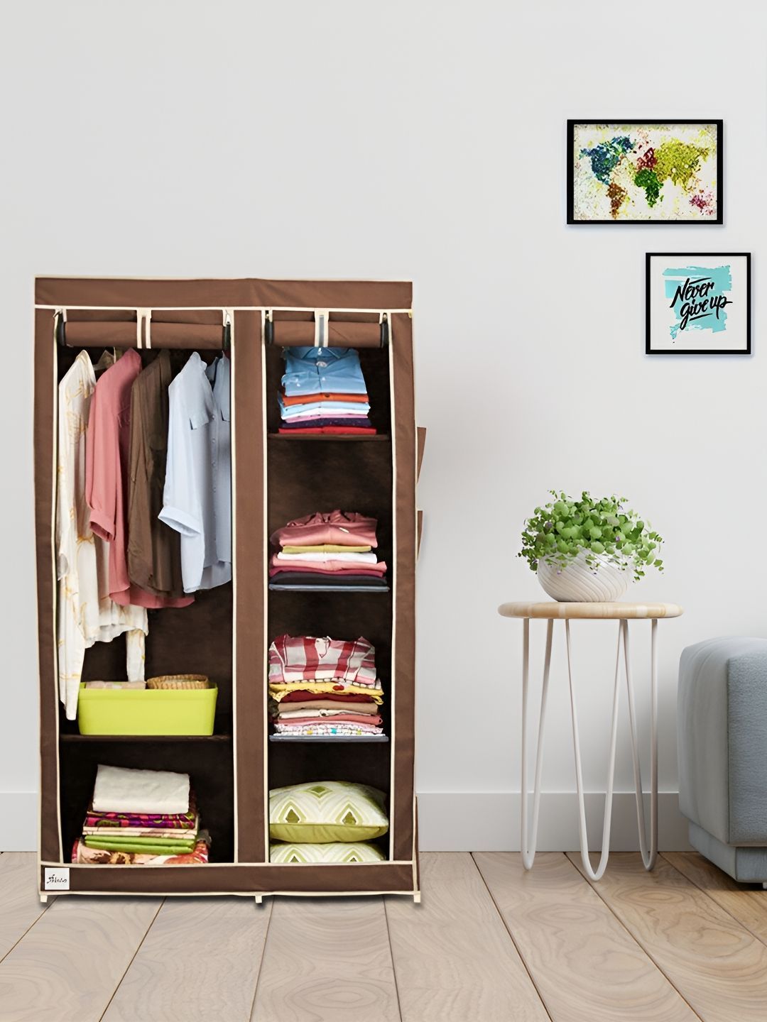 Pamworld Pamworld Brown Double Door Collapsible Wardrobe With Hanging Compartment