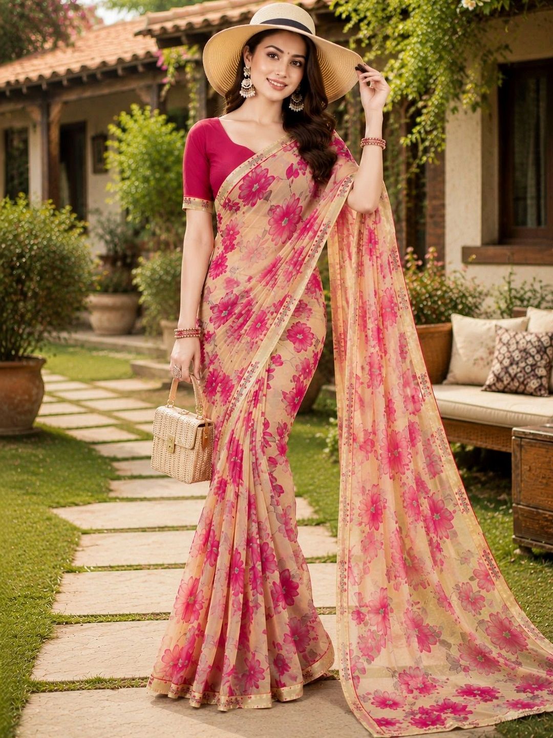 VIYONA FASHION Floral Poly Georgette Saree