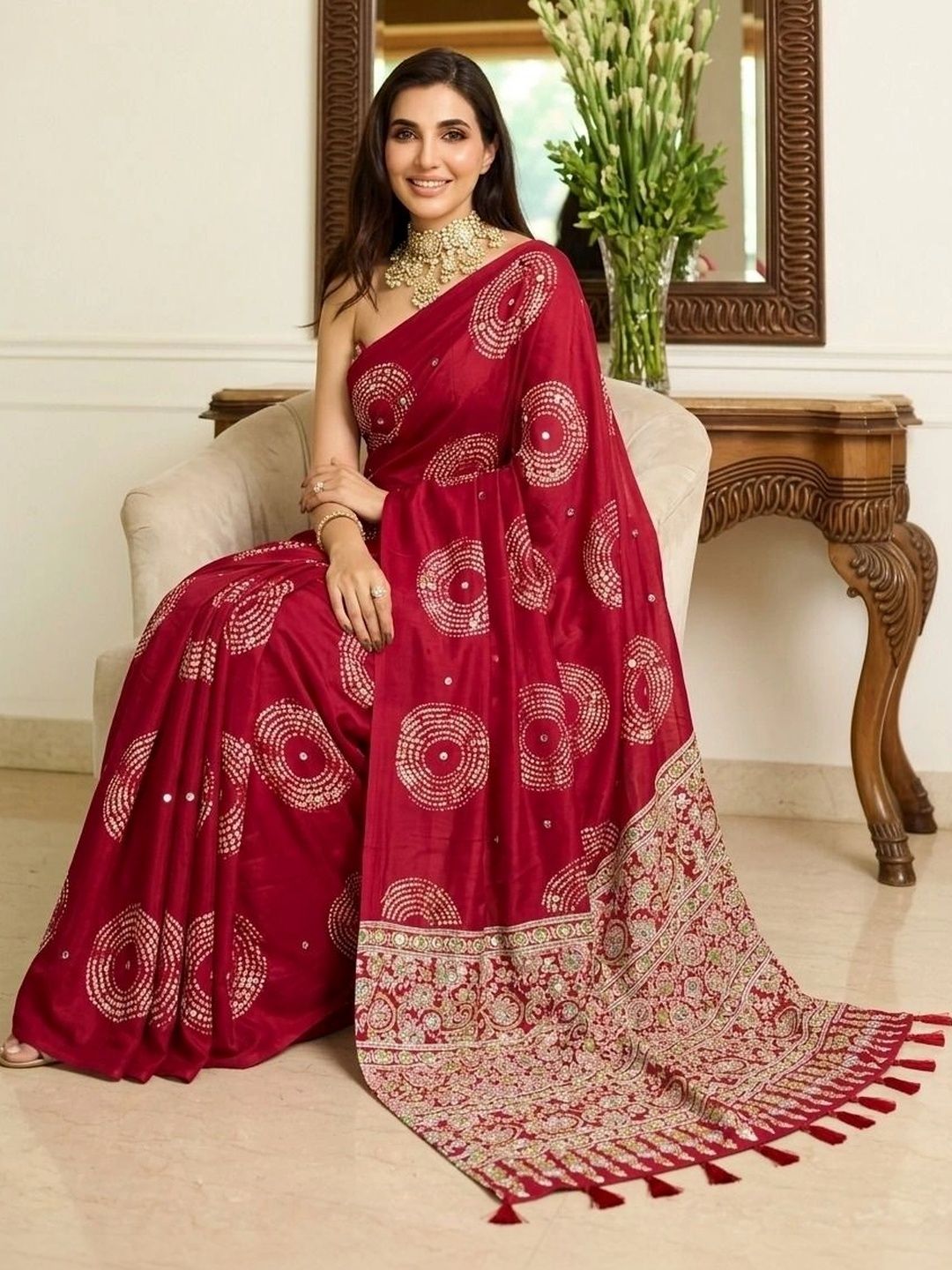 Sangria Sangria Embellished Embroidered Pure Chiffon Heavy Work Block Print Saree