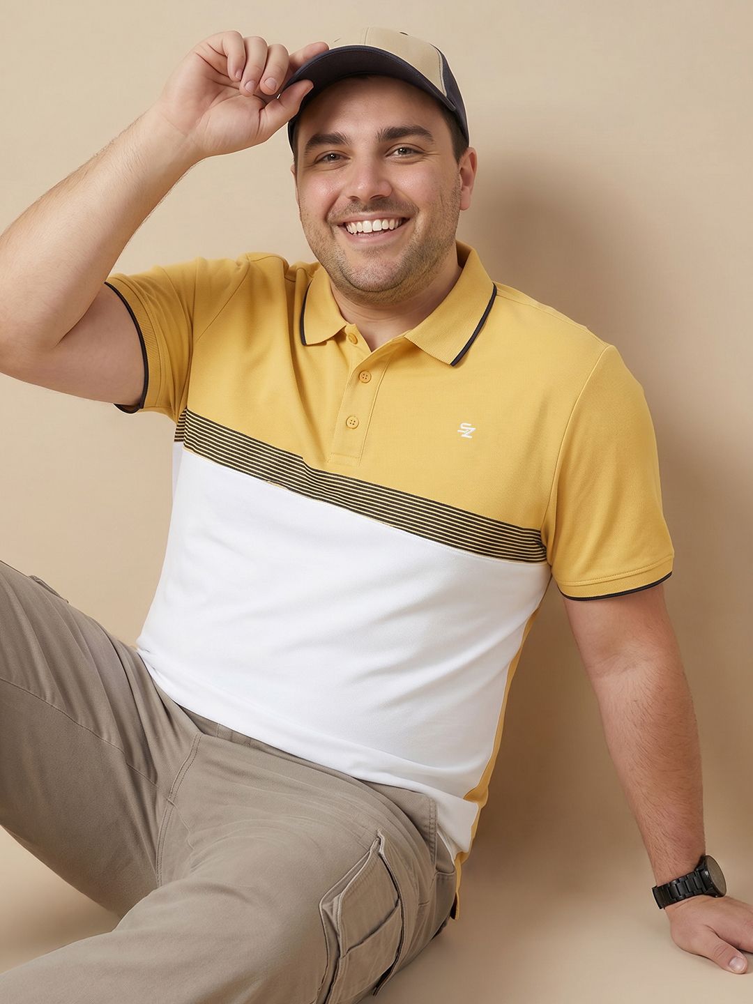Sztori Plus Size Colourblocked Polo Collar Pure Cotton T-shirt