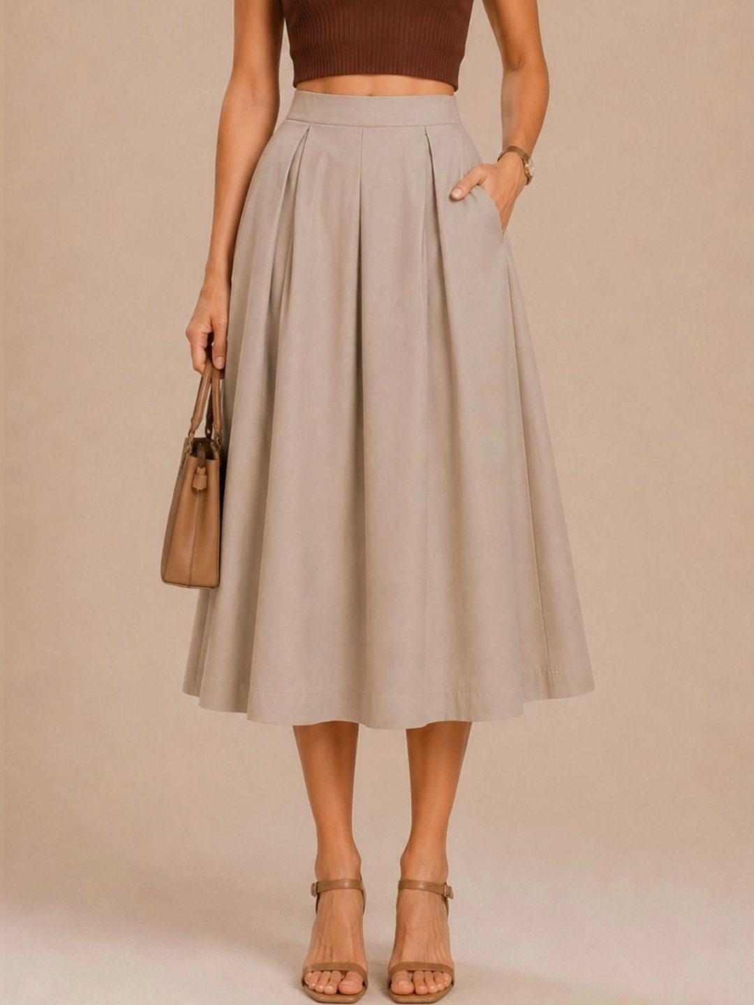 WineRed Women Solid Pleated Midi Skirt