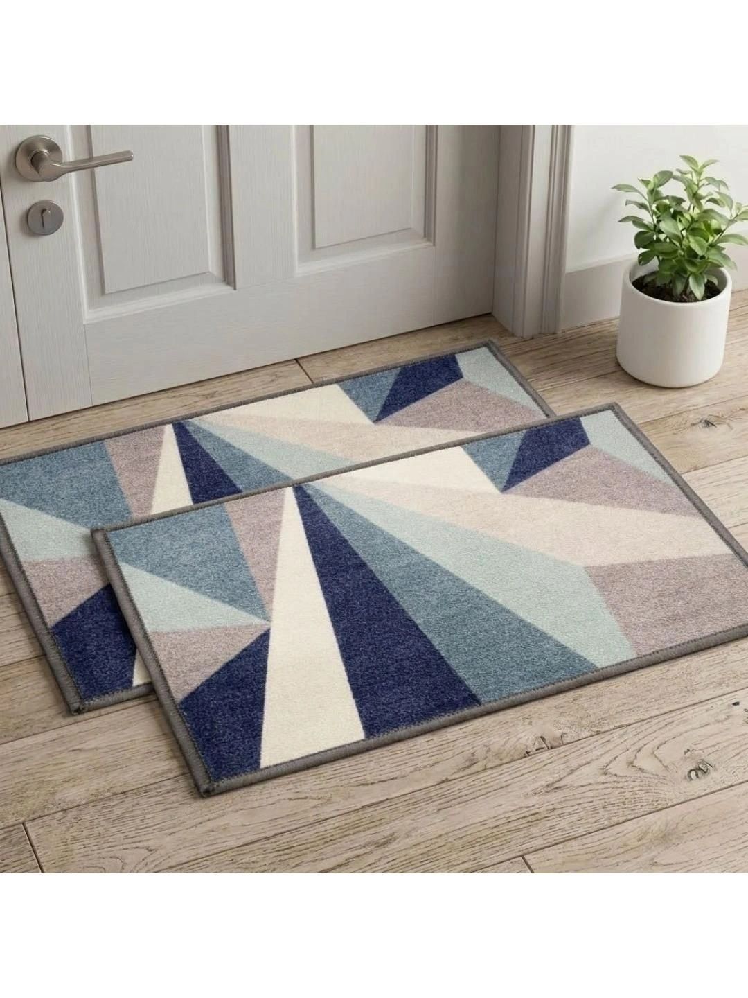 Athom Trendz Blue & Cream 2 Pieces Floral Printed Anti Slip Doormat 57x37cm