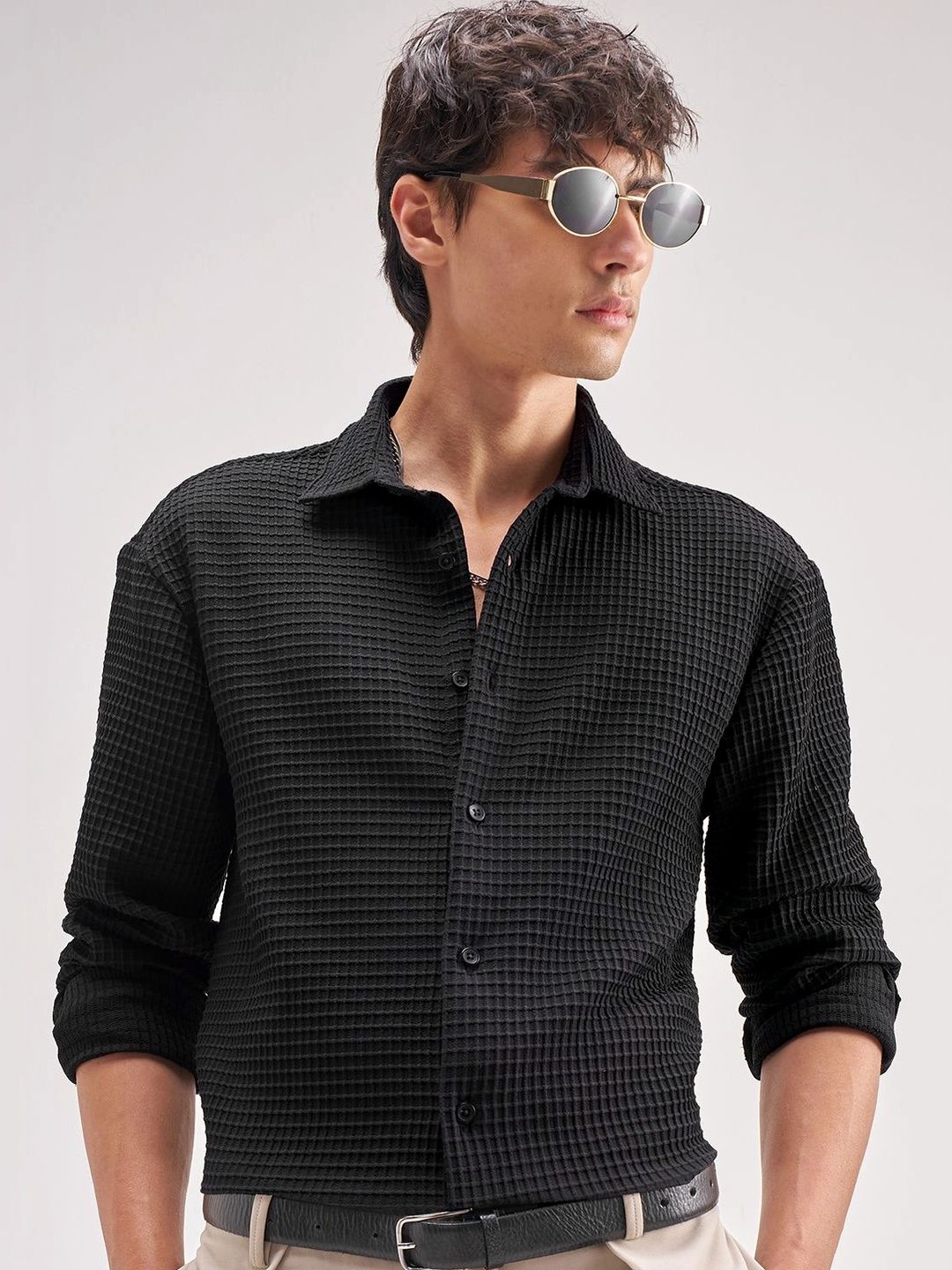 Highlander Men Black Logo Embroidered Popcorn Textured Relaxed Shirt