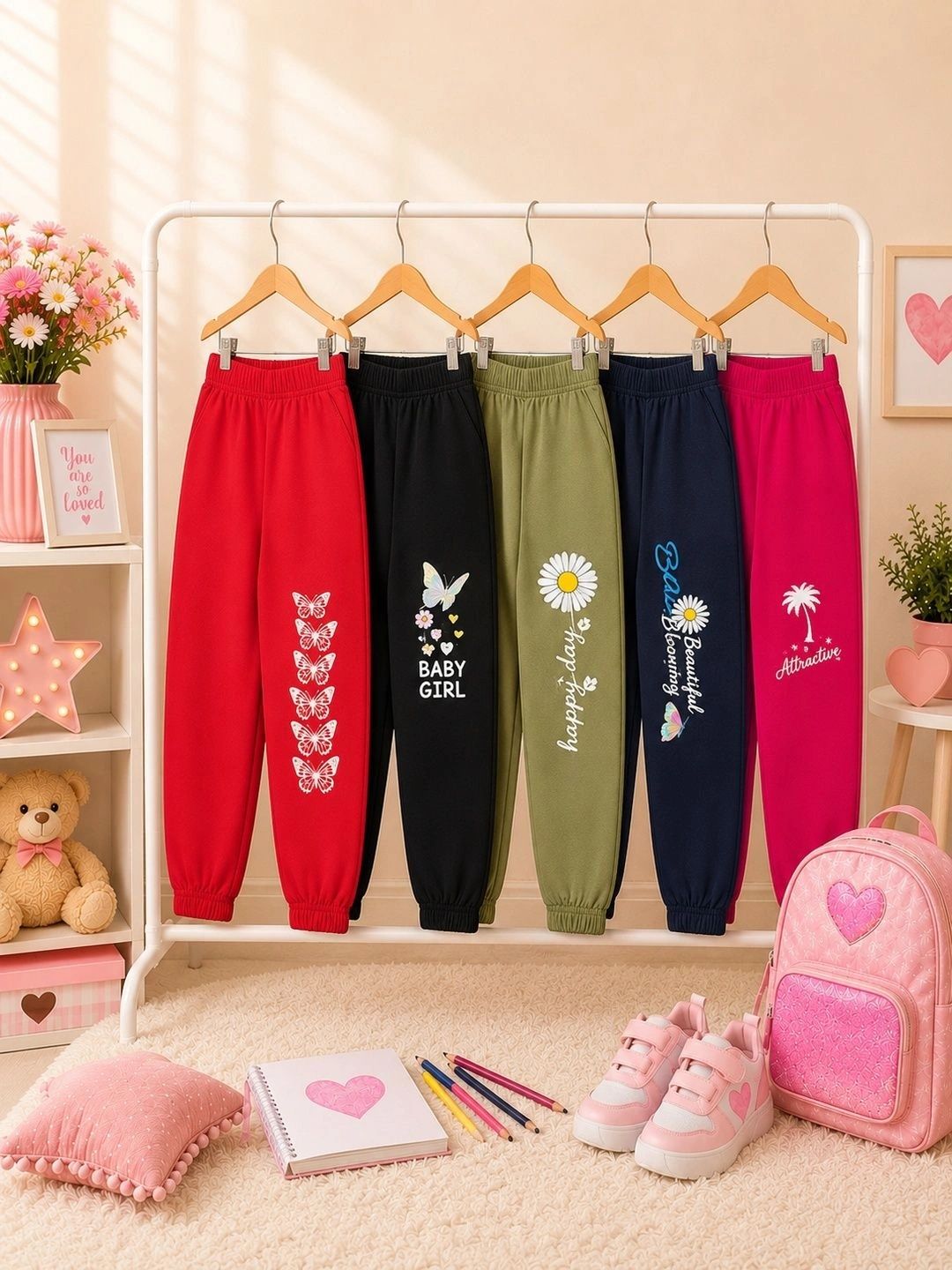 FAZZA FAZZA Girls Pack Of 5 Mid Rise Cotton Joggers