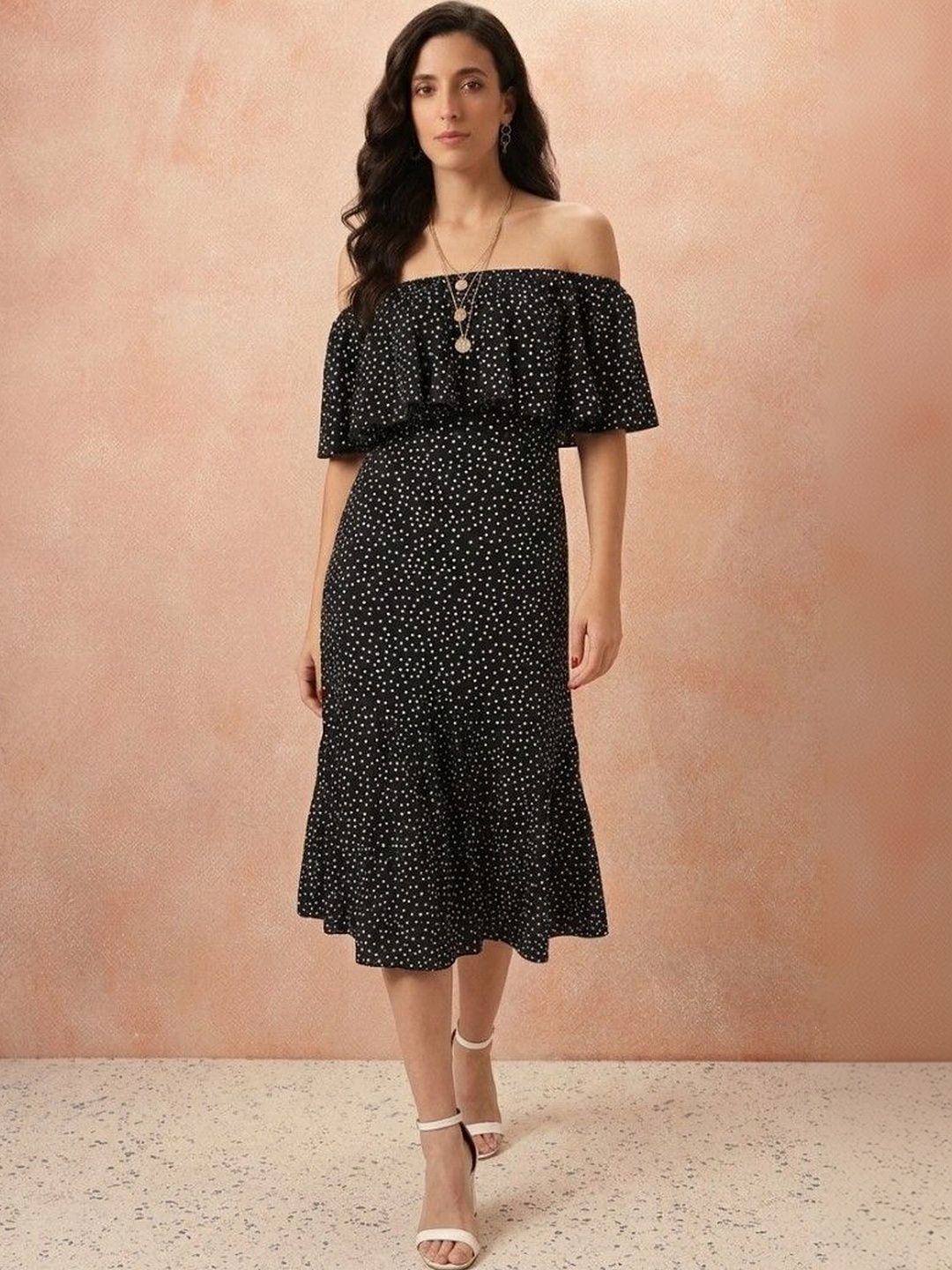 all about you Polka Dot Print Off-Shoulder Flutter Sleeve Ruffled Crepe A-Line Midi Dress