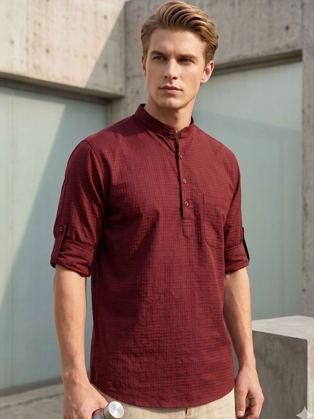 Hancock Geometric Woven Design Mandarin Collar Roll-Up Sleeves Pure Cotton Kurta