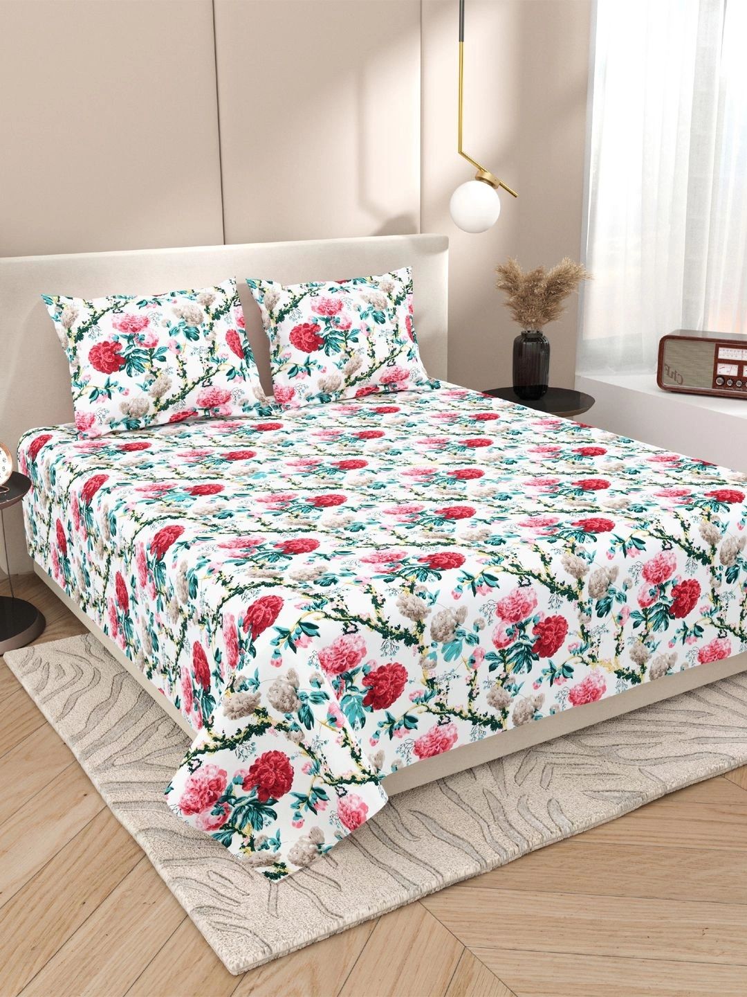 Sangria Sangria Green Floral Printed Cotton Soft Feel 144 TC Double Fine Bedsheets 18In x 27In