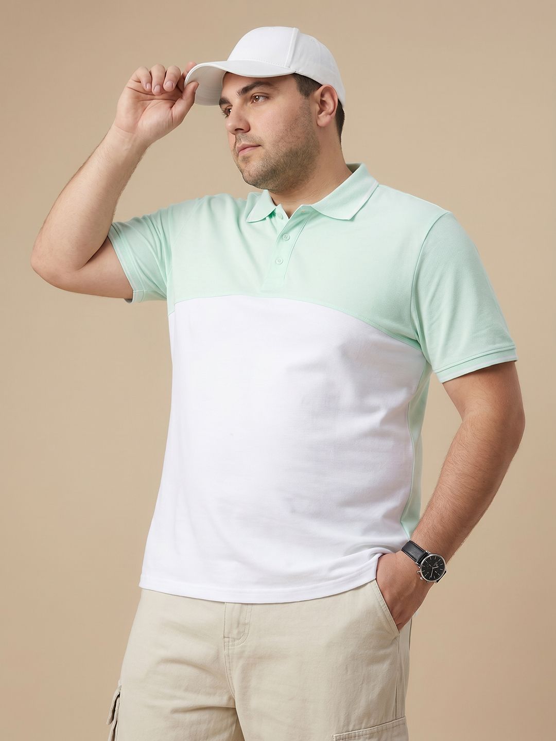 Sztori Plus Size Colourblocked Polo Collar Pure Cotton T-shirt