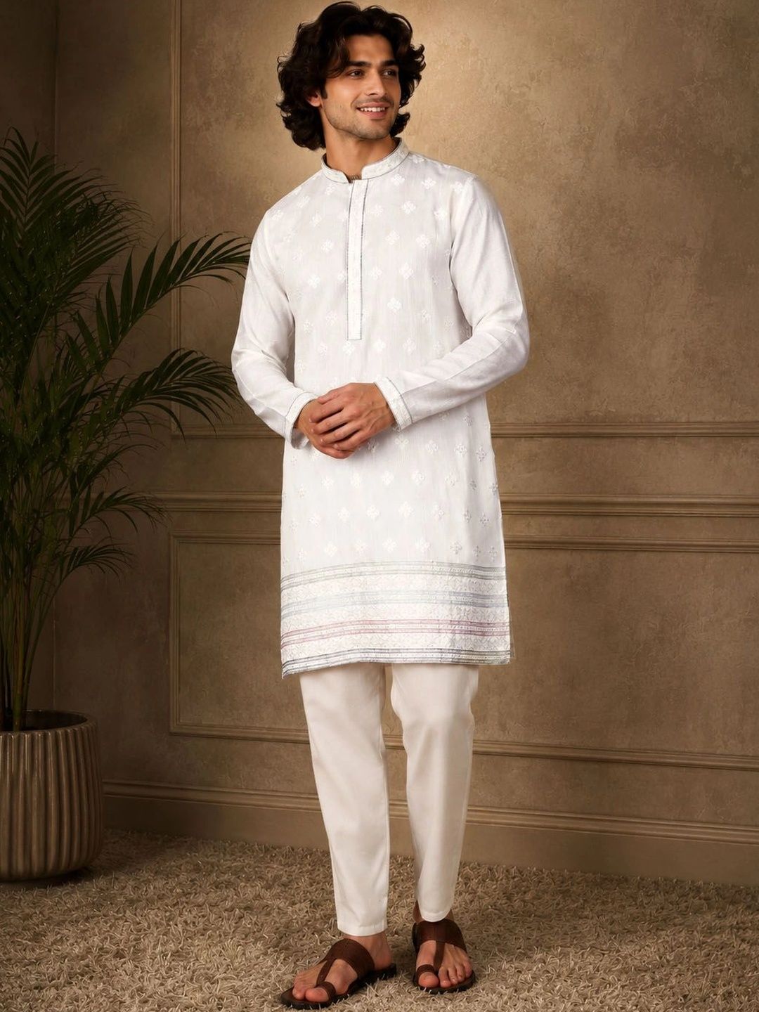 House of Pataudi Embroidered Viscose Rayon Mandarin Collar Knee Length Straight Kurta