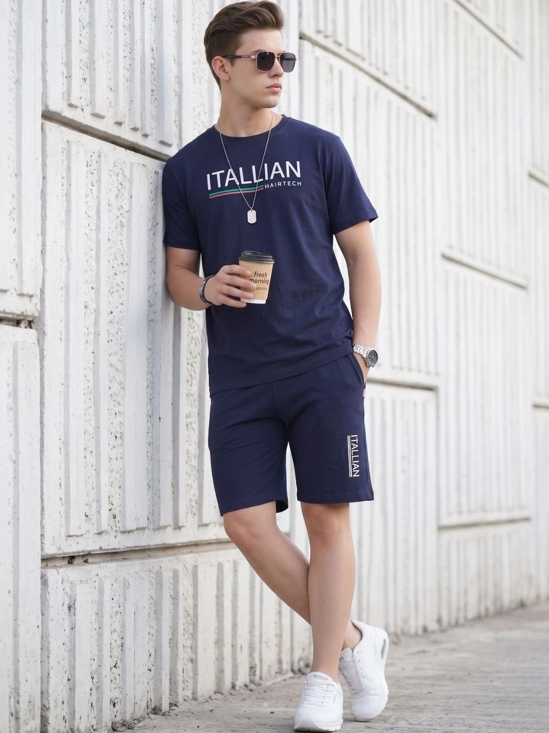 WEET Men Typography Printed Cotton T-Shirt and Shorts Set Night suit