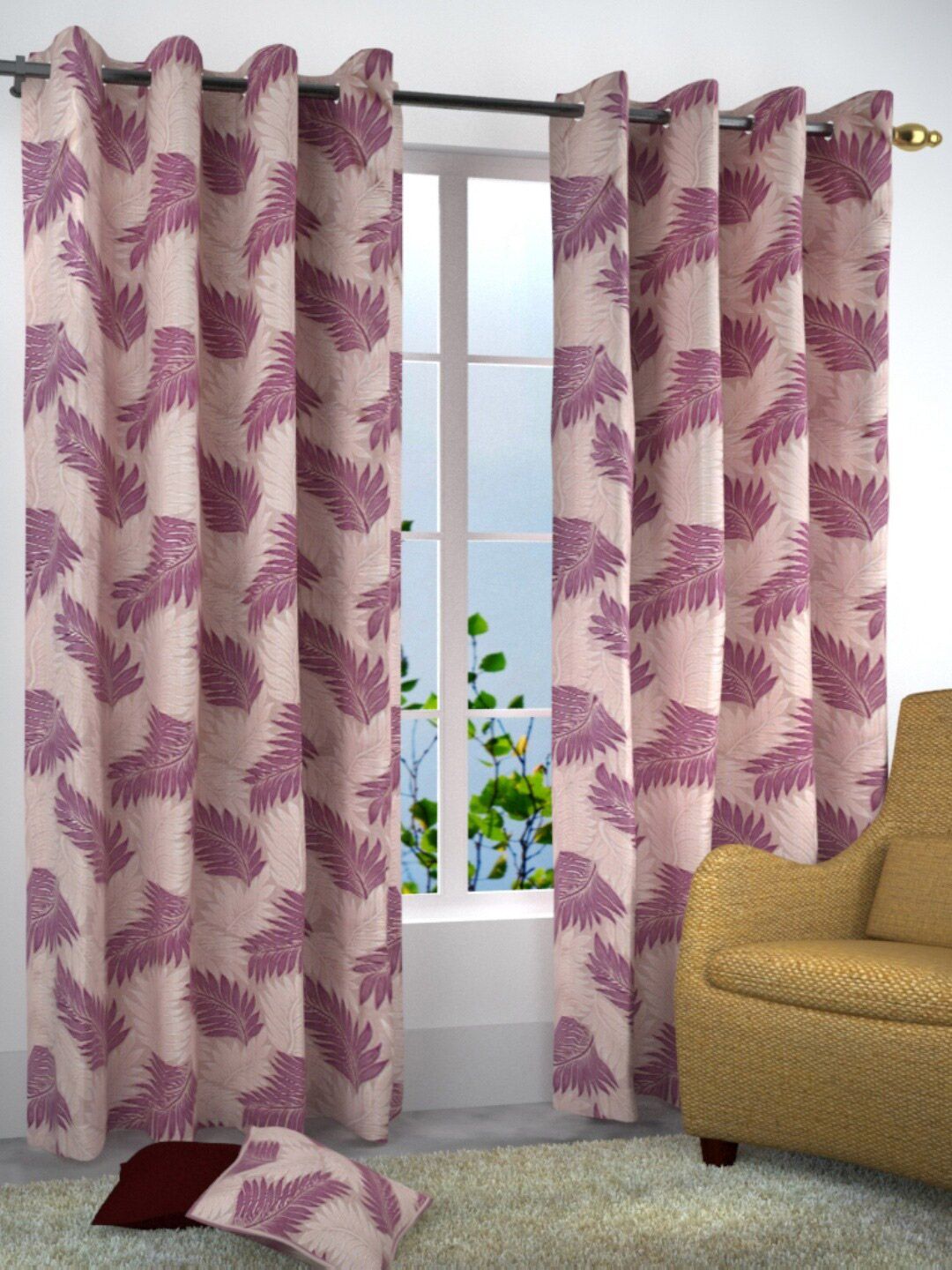 Homefab India candy Purple & Off White Set of 2 Door Curtains 7 Feet