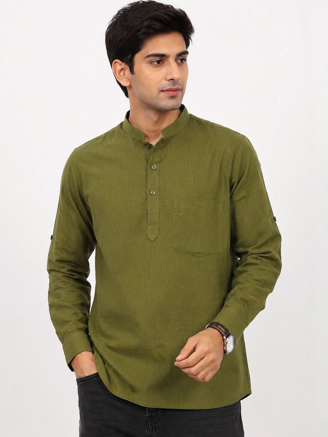 HERE&NOW Men Olive Green Short Kurta