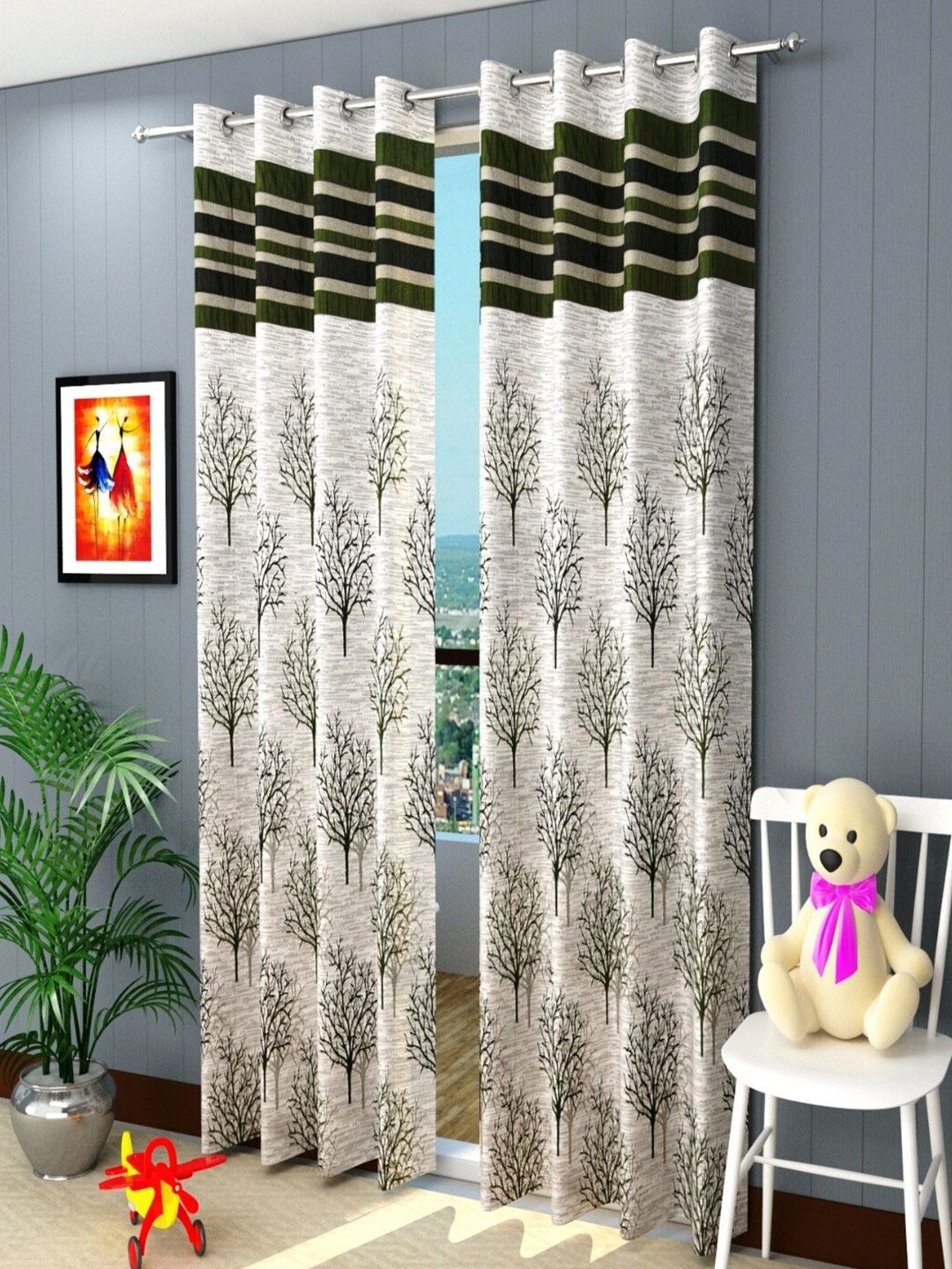 Homefab India Green & Off White Set of 2 Floral Room Darkening Door Curtain